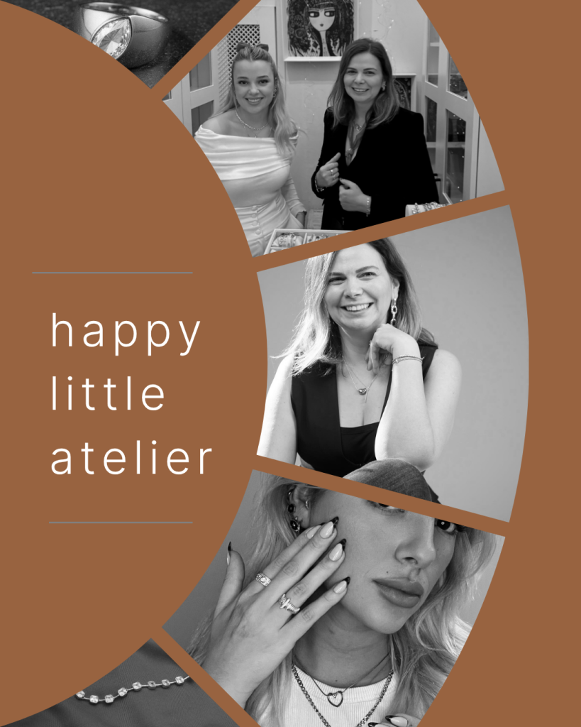 Happy Little Atelier'in tanıtım görseli, farklı takılar takan kadınların fotoğraflarının yer aldığı bir kolaj.